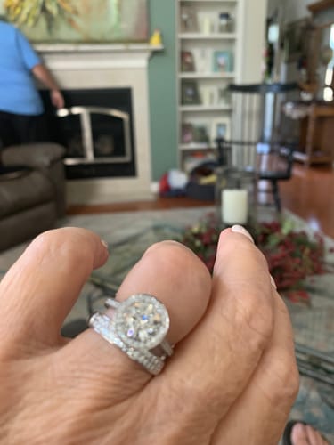Customer photo review of Custom Order - Dallas 2 Carat Round Halo Pave Lab Grown Diamond Ring in 14k White Gold With Cliq Mechanism