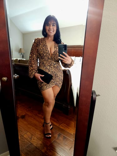 Customer photo review of Deniz Surplice Leopard Print Mini Dress - Brown