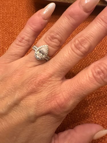Customer photo review of Cindy 2 Carat Pear Shaped Halo Moissanite Diamond Ring in 14k White Gold
