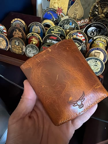 Customer photo review of Badge Trifold Wallet - Chestnut Brown