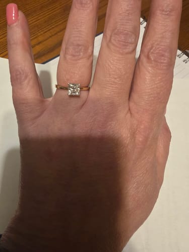 Customer photo review of Avila 1 Carat Princess Cut Low Profile Solitaire Moissanite Diamond Ring in 10k Yellow Gold