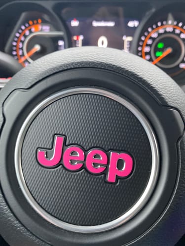 Customer photo review of JEEP Steering Wheel Emblem Overlay Decal — 30+ Colors & Designs (Flag, Topo, Animal, Solid)
