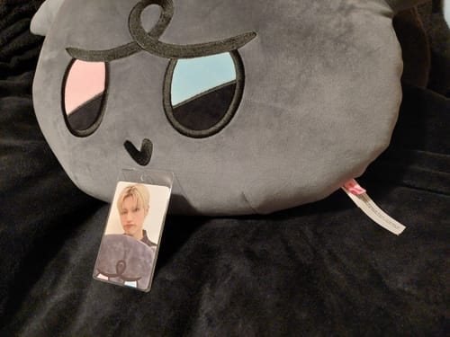 Reviewer's soft, grey MIGHTEEZ big face cushion and the included photocard displayed on a black blanket.