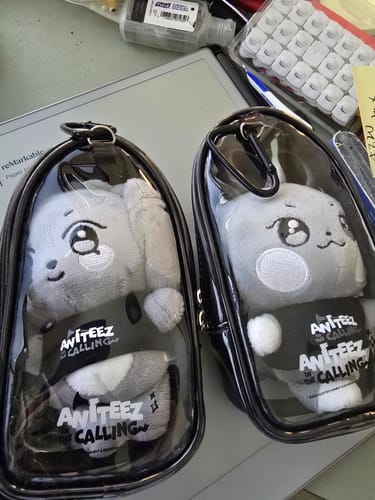Customer's two gray ANITEEZ plush keyrings shown inside their clear, black-trimmed carrying pouches.