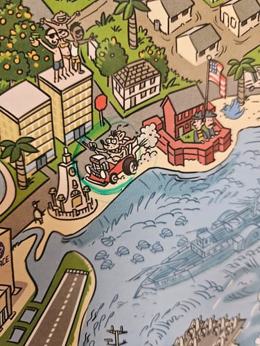 Close-up of a detailed cartoon poster, showing the tiny objects the Magnifier Bar is used to see.