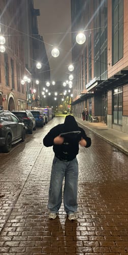 Customer photo review of Faux Fur Lined Clasp Bomber Jacket | Inflation Streetwear