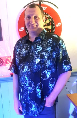 Customer photo review of Men's Casual Blue Floral Skull Print Cool Button Short Sleeve Shirt