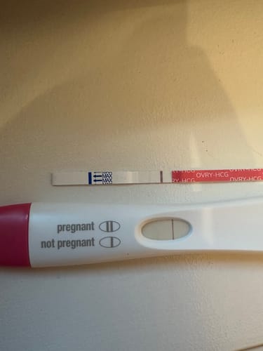 Reviewer compares a positive Ovry Pregnancy Test Strip with another test, showing a clearer result line on the Ovry strip.