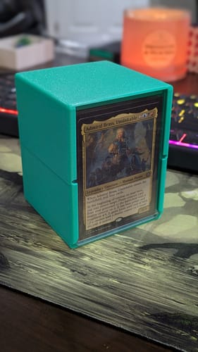 Customer's 3D-printed mint green deck box for trading cards, made with Budget PLA filament.
