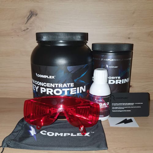 Reviewer's Complex Iont Drink shown alongside other Complex supplements like protein powder and fish oil.