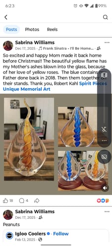 Customer's collage of their blue and yellow Memorial Glass Flames, shown individually and together.