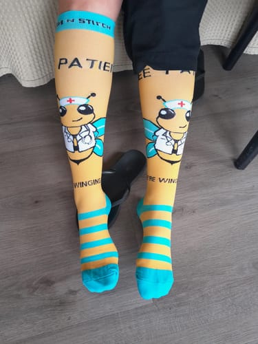 Customer photo review of Compression Sock Bee Patient: We're Winging It