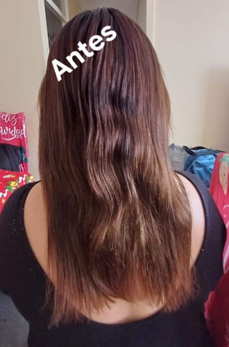 El cabello de una clienta antes de usar Hair Power, que luce seco y con las puntas dañadas.