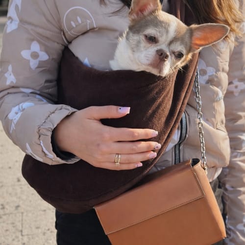 Customer photo review of Fleece Pet Sling Carrier – Chocolate – 2-15 lbs / 1-7 kg (Autumn/Winter)