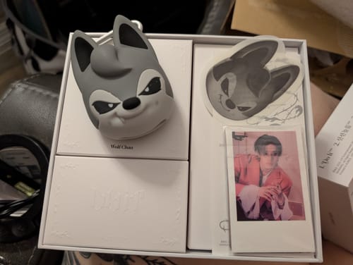 Customer's unboxed SKZOO Speaker set, including the Wolf Chan cover, a sticker, and a member photocard.