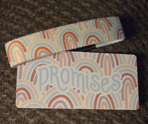 Customer's Promises Bible Verse Bracelet and matching card with a colorful rainbow design.