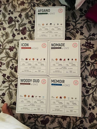 Customer's packaging for Memoir Eau De Parfum shown with other perfume boxes from the same brand.