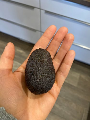 Ein Kunde hält eine kleine, reife Baby-Avocado aus dem Avocado-Mix in der Hand.