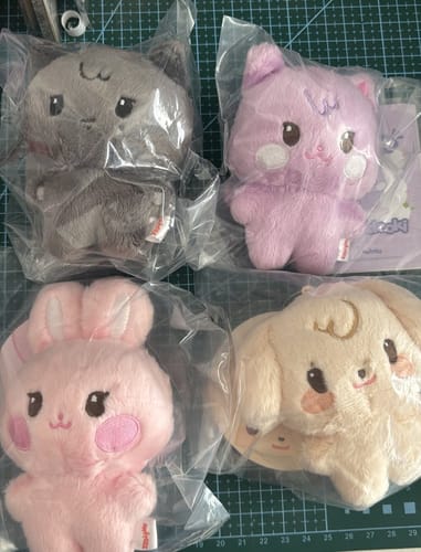 Customer's four colorful ANITEEZ PLUSH DOLLs are shown still inside their plastic packaging.