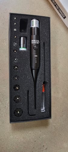 Customer's new Site Right™ 2.0 - Boresighter kit displayed neatly in its black carrying case with all accessories.