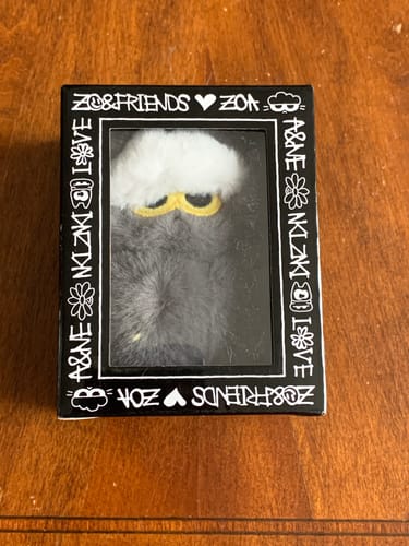 Customer's ZOA Mini Plush Keyring shown inside its black box with white graphic text.