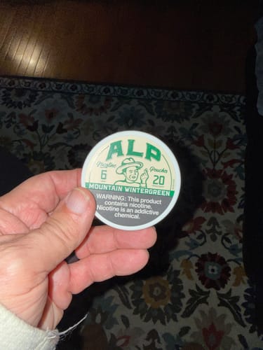 Customer's hand holding a white and green can of ALP Mountain Wintergreen Nicotine Pouches.