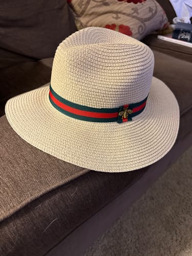 Customer photo review of Green and Red Ribbon Straw Woven Fedora Hat - Tan