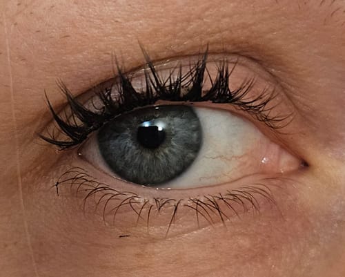 Nahaufnahme des Auges einer Kundin mit dichten Wimpernextensions, die mit dem TOP COAT SEALER BLACK behandelt wurden.