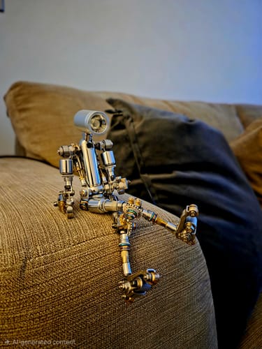 Customer's finished Terminator M model, a metallic robot, sitting casually on the arm of a couch.