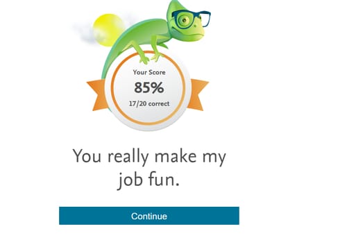Customer's screenshot of a quiz result showing a score of 85% and a cartoon chameleon.