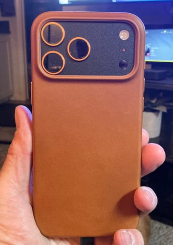 Customer photo review of The Minimalist Full-Grain Leather iPhone 17 Pro Max MagSafe Case - Saddle Tan