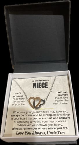 Reviewer's 'To My Niece' necklace gift set with interlocking hearts, displayed in its standard box.
