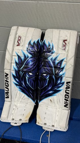 Reviewer's custom vinyl stickers creating a large, colorful logo on hockey goalie pads.