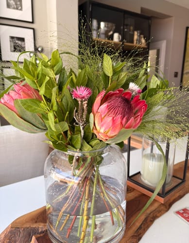 Customer's Protea Garden Flower Bouquet with large pink proteas and greenery in a clear glass vase.