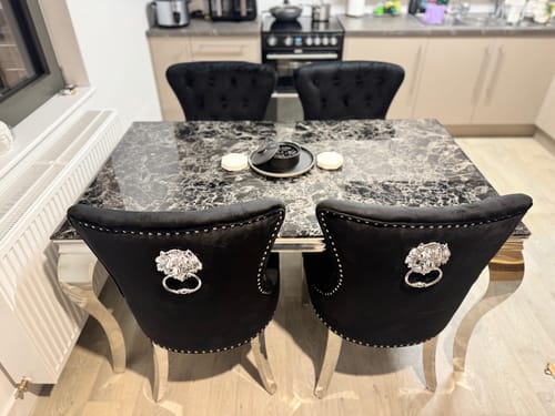 Customer photo review of Vienna Marble Dining Table With Chelsea Lion Knocker Velvet Chairs
