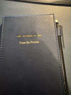 Close-up of a reviewer's dark blue journal with the custom text 'Trust the Process' in gold.