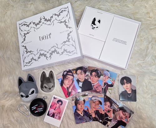 Customer's STRAY KIDS album set displayed with the box, SKZOO speaker, character case, and multiple photocards on a fluffy surface.