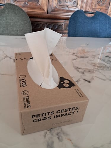 Boîte de mouchoirs d'un client sur une table, avec un mouchoir blanc qui dépasse de la boîte en carton.