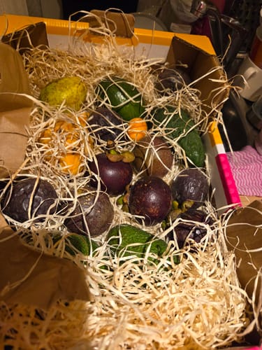 Ein Kunde zeigt seine Probierbox 'Exotische Früchte' mit verschiedenen Früchten wie Avocados und Mangostan in Holzwolle.