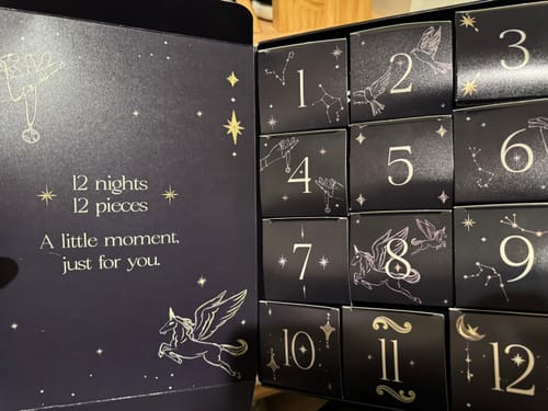 Customer's open 12 pcs Advent Calendar Packaging, showing the numbered drawers and celestial-themed interior.