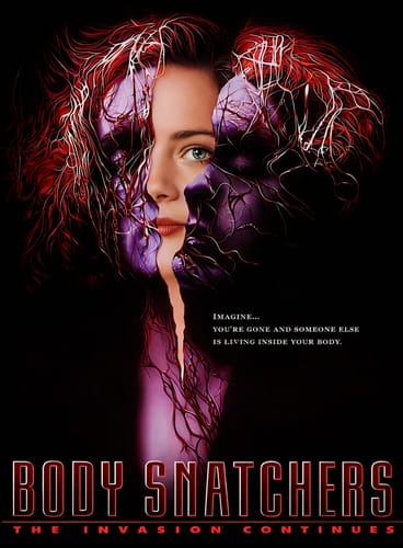 Close-up of the 'Body Snatchers' movie poster graphic featured on the customer's unisex t-shirt.