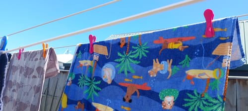 Customer's colorful Hegs Pegs holding towels securely on a sunny clothesline.