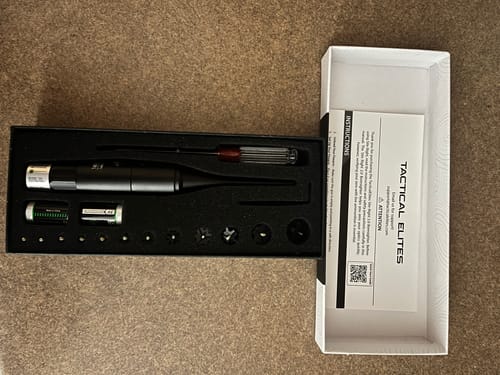 Customer's Site Right 2.0 Boresighter kit displayed in its open black case with all its components.