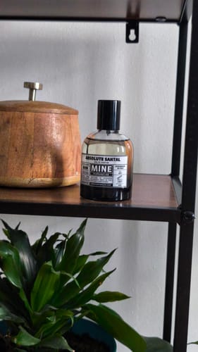 Il cliente mostra il suo profumo ABSOLUTE SANTAL su una mensola scura vicino a una pianta.