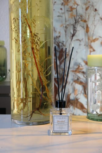 Recensent's Istanbul geurstokjes in een stijlvolle setting met decoratieve planten.