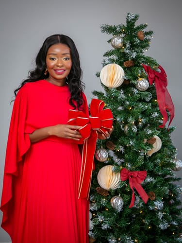 Reviewer wearing the red Cape High-Low Pleated Evening Dress next to a decorated Christmas tree.