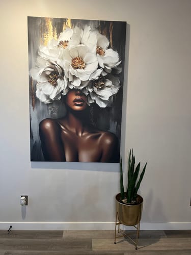 Customer's Golden Petals of Grace canvas print hanging on a gray wall in a foyer.