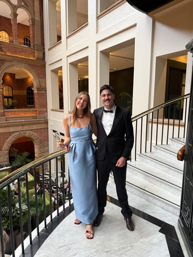 Customer photo review of The Tulip Dress in Dusty Blue