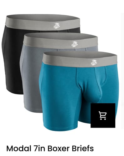 Customer's image of the Nylon 7in Boxer Briefs 3-pack in black, dark blue, and gray.