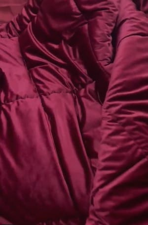 Close-up: A customer's plush, deep red LA PAZ Comforter showing its velvet fabric.
